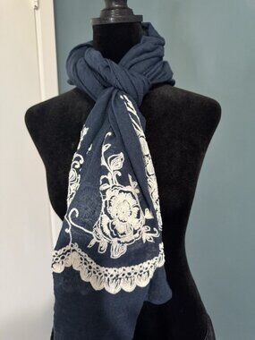 Vintage Rectangle Scarf Viscose Poly Navy Blue Embroidery Lace Boho Beach 26x74